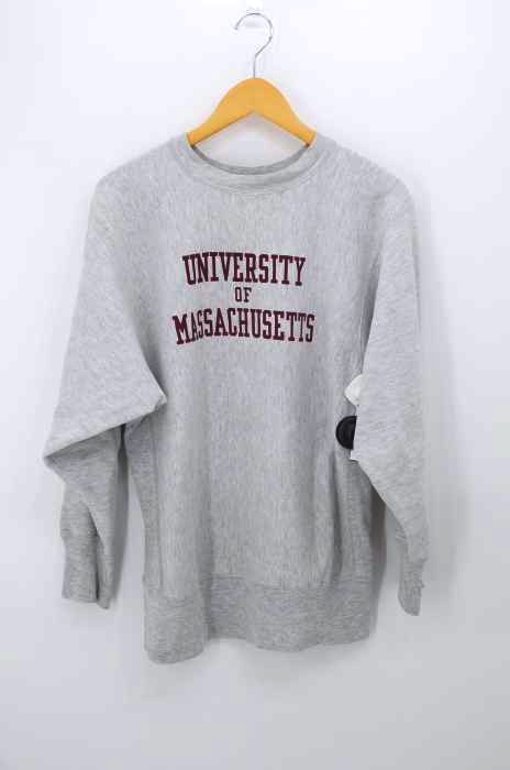 Champion(チャンピオン) 90S USA製 REVERSE WEAVE 刺繍タグ UNIVERSITY OF MASSACHUSETTS 染み込みプリント クルーネックスウェット メンズ トップス