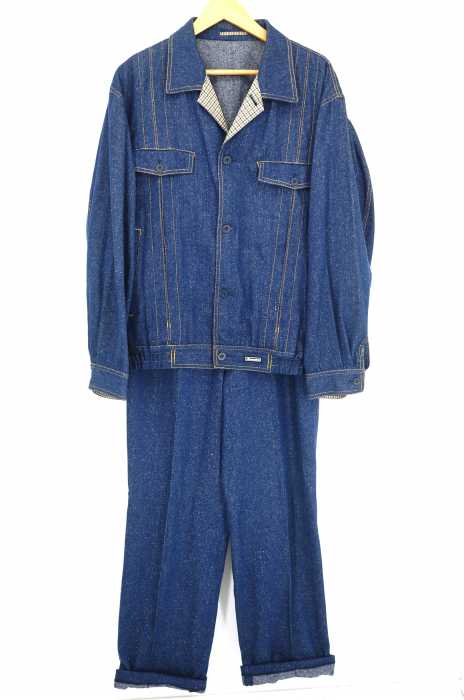 AQUASCUTUM （アクアスキュータム） チェック切替デニムテーラードジャケット × タックデニムスラックス メンズ セットアップ
