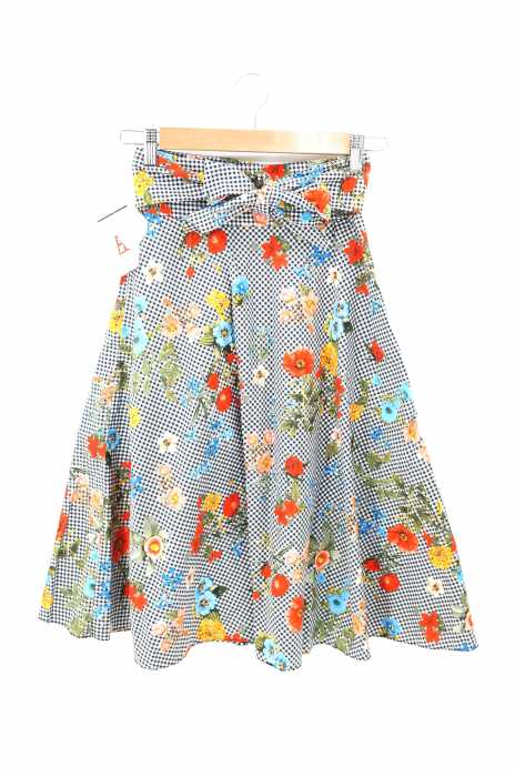 ZARA BASIC （ザラベーシック） ギンガムチェック柄 花柄プリント ベルテッドスカート レディース スカート