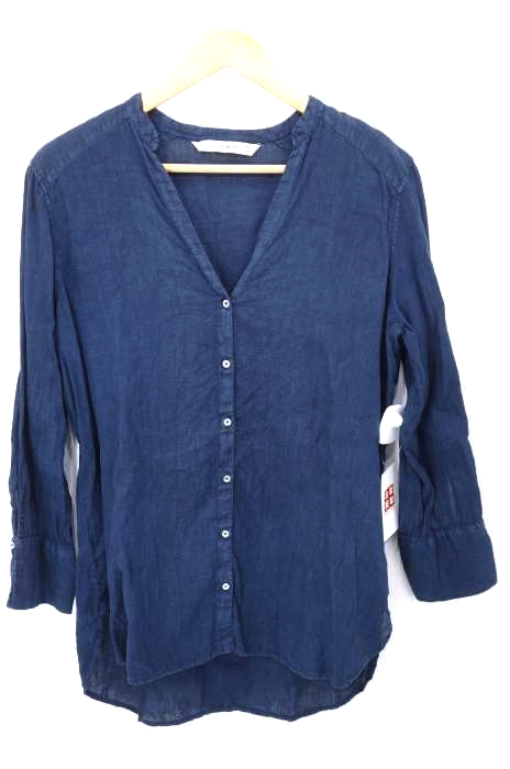 ZARA BASIC（ザラベーシック） インディゴリネンノーカラーシャツ レディース トップス