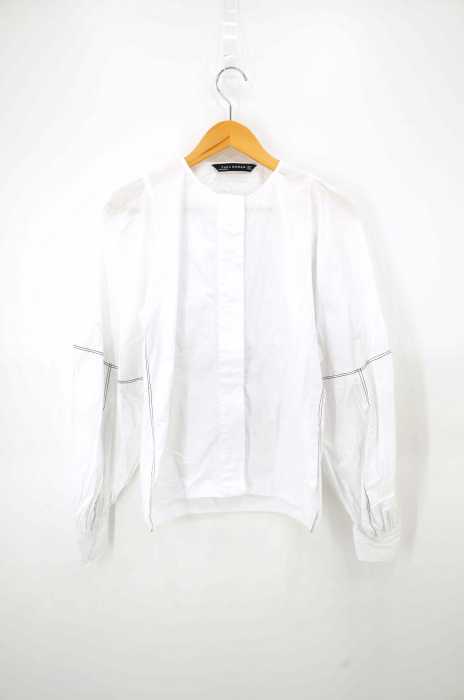 ZARA WOMAN （ザラ ウーマン） ギャザースリーブ 比翼ボタン コットンノーカラーシャツ レディース トップス
