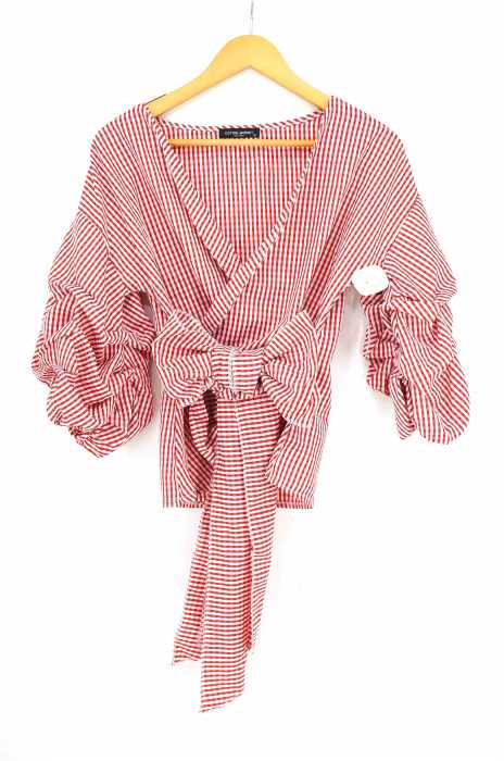 cotton market () 袖シャーリングデザインギンガムチャックブラウス レディース トップス