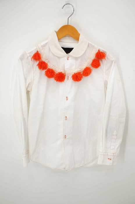 tricot COMME des GARCONS (トリココムデギャルソン) AD2014 14AW トリコスペシャル 異素材切替 ポンポン装飾オレンジステッチシャツ レディース トップス