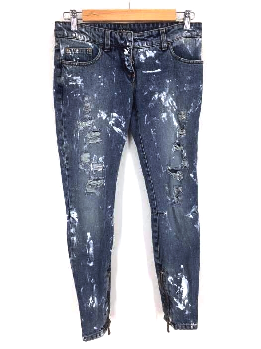 BALMAIN(バルマン) ペイント加工 裾ジップ ブラックデニムパンツ メンズ パンツ