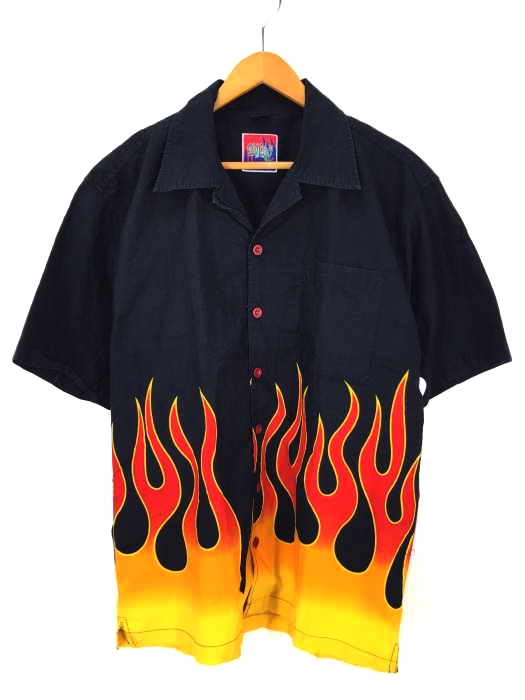 USED古着（ユーズドフルギ） DEMCRAZY ファイヤーパターン S/S オープンカラーシャツ メンズ トップス
