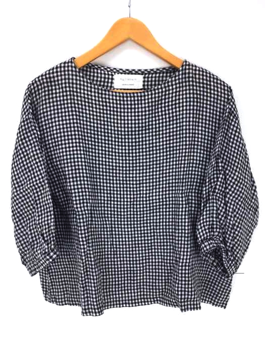 fog linen work（フォグリネンワーク） ギンガムチェック リネンボートネック 七分袖ブラウス レディース トップス