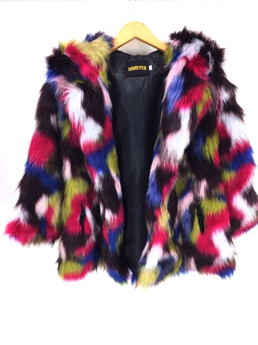 USED古着  （ユーズドフルギ） MDHE FUR マルチカラーフードフェイクファージャケット レディース アウター