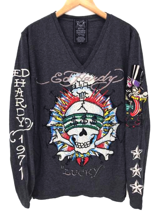 Ed Hardy（エドハーディー） Vネックラインストーン長袖Tシャツ メンズ トップス
