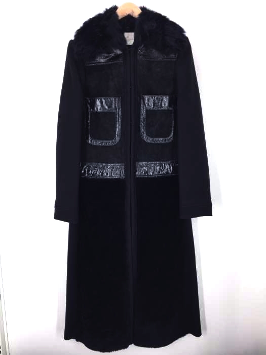 ANYA HINDMARCH(アニヤハインドマーチ) ウール やぎ革スエード 切り替えロングコート 背面モチーフ レディース アウター