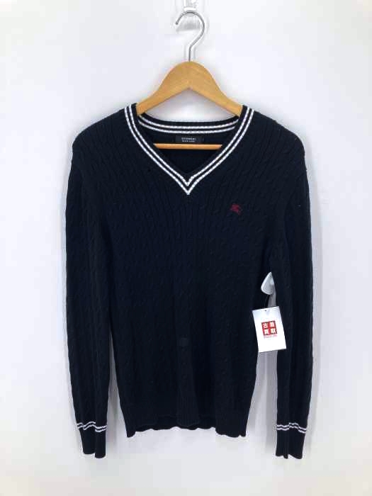 BURBERRY BLACK LABEL（バーバリーブラックレーベル） ワンポイントロゴVネックニットセーター ケーブル編みニット レディース トップス