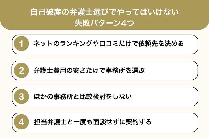 自己破産の弁護士選びでやってはいけない失敗パターン4つ