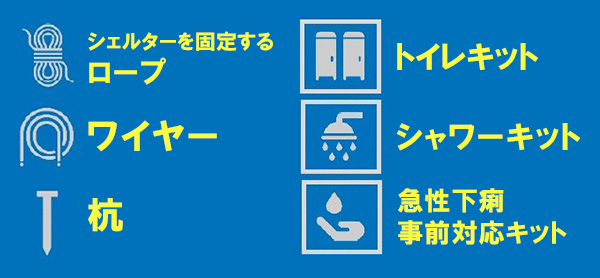 シェルターを固定するロープ、ワイヤー、杭、トイレキット、シャワーキット、急性下痢事前対応キット
