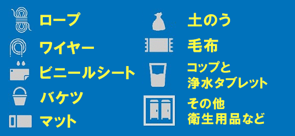 シェルターを固定するロープ、ワイヤー、杭、トイレキット、シャワーキット、急性下痢事前対応キット