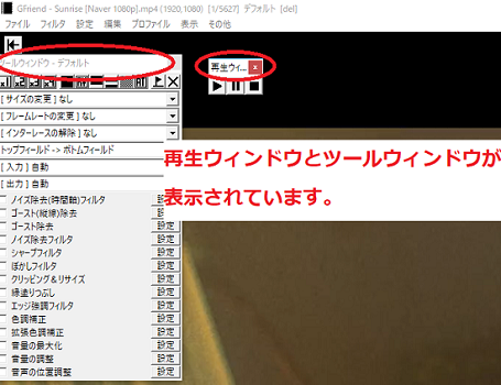 すると再生ウィンドウとツールウィンドウが表示されています