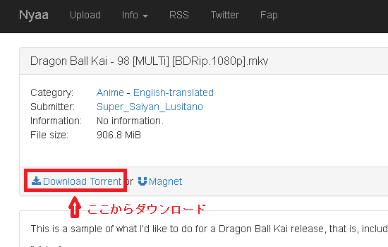 Nyaa.siのダウンロード画面