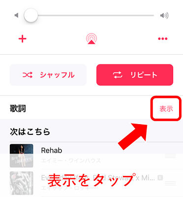 「歌詞」という項目の右側にある「表示」という文字をタップ