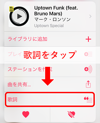 表示されたメニューの中から「歌詞」の項目をタップ