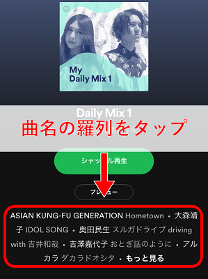 ホーム画面のプレイリストや、検索したプレイリスト、アルバム等をタップして、曲名が羅列されている部分をタップすると曲一覧ページに移る