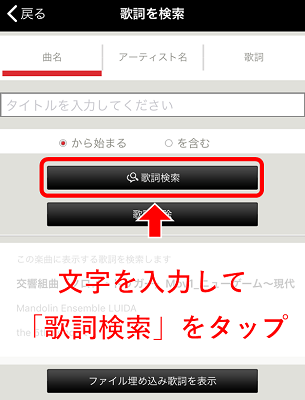 曲名、アーティスト名、歌詞を入力して「歌詞検索」をタップして検索を実行