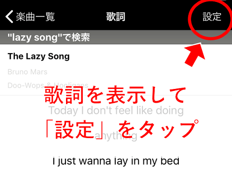 歌詞を選んで表示し、右上の「設定」をタップする