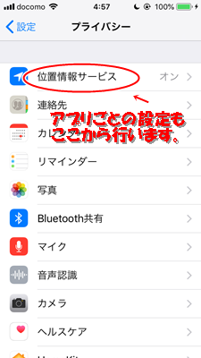 iPhoneの設定アプリからプライバシーを選択して位置情報サービスをタップします。