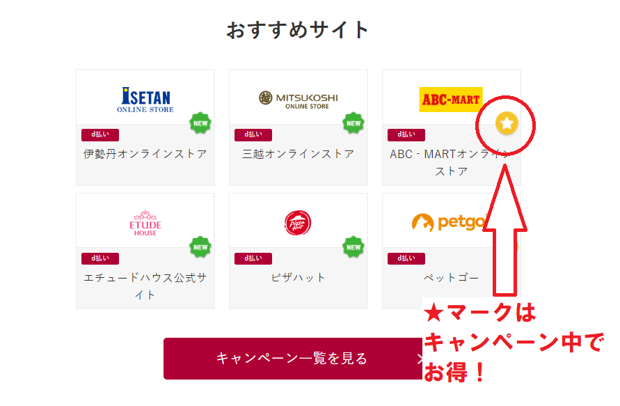 d払いの使えるネットショップ一覧。星マークはキャンペーン中でお得に買い物出来る。