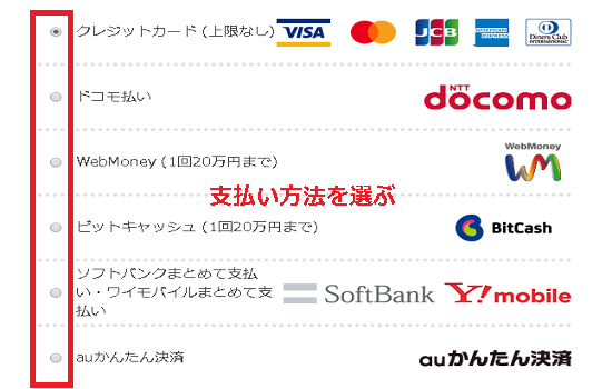 支払い方法の選択一覧