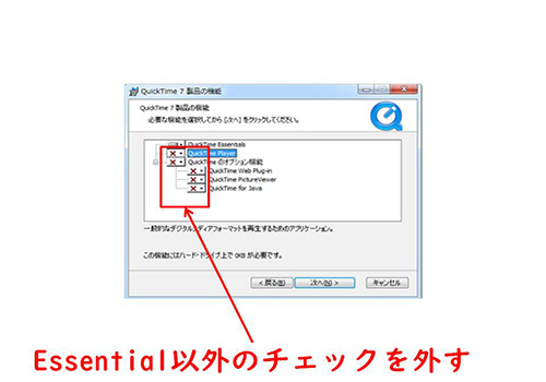 Quicktime機能選択、不要アプリ削除