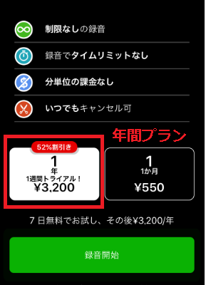 年間料金プランの画面