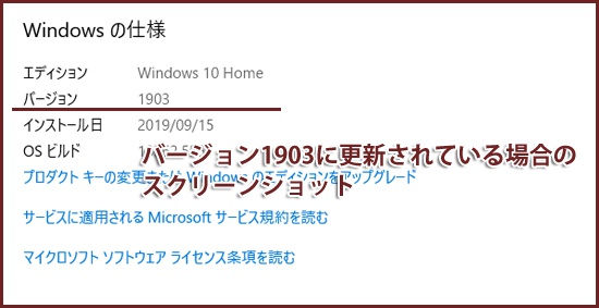 Windows10 1903へアップデート出来ている場合のスクリーンショット