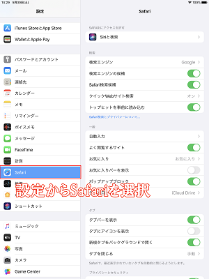 設定タブからSafariを選択