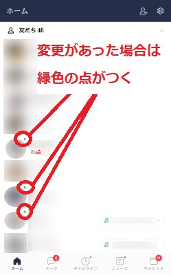 変更があった場合は緑色の点がつく