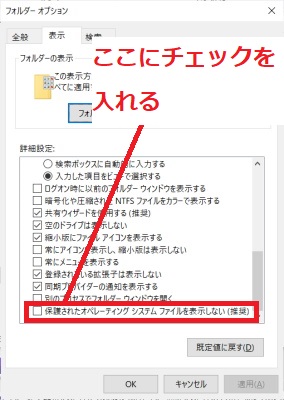「保護されたオペレーティング・システムファイルを表示しない」のチェックをいれる