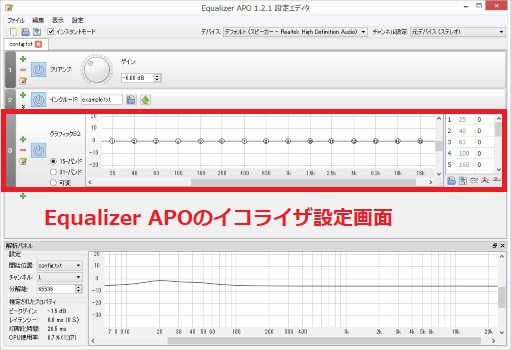 Equalizer APOのイコライザ設定画面