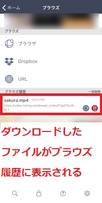 ダウンロードしたファイルがブラウズ履歴に表示される