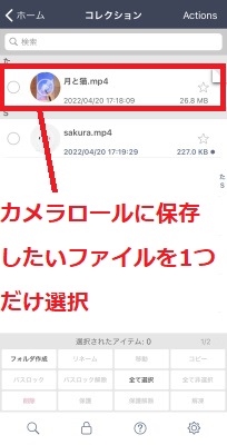 カメラロールに保存したいファイルを1つだけ選択
