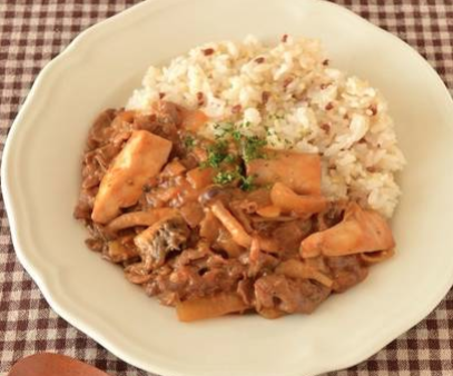 雑穀ごはんとビーフストロガノフ