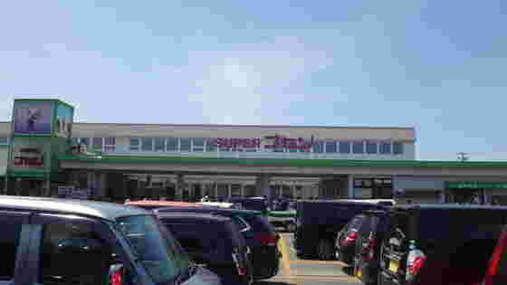 青空のもと、店の駐車場にたくさんの車が並んでいる風景。