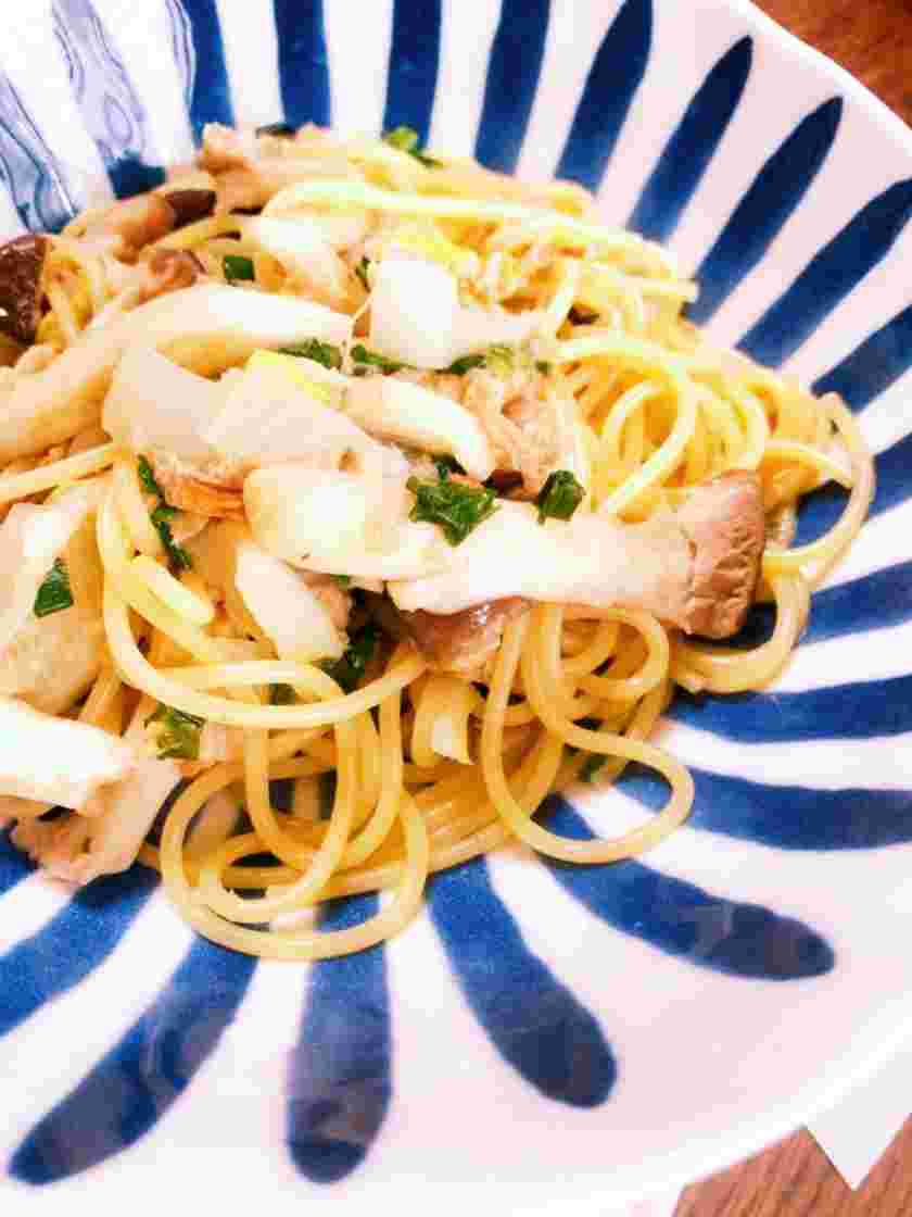お吸物の素で作った白菜とツナのパスタ