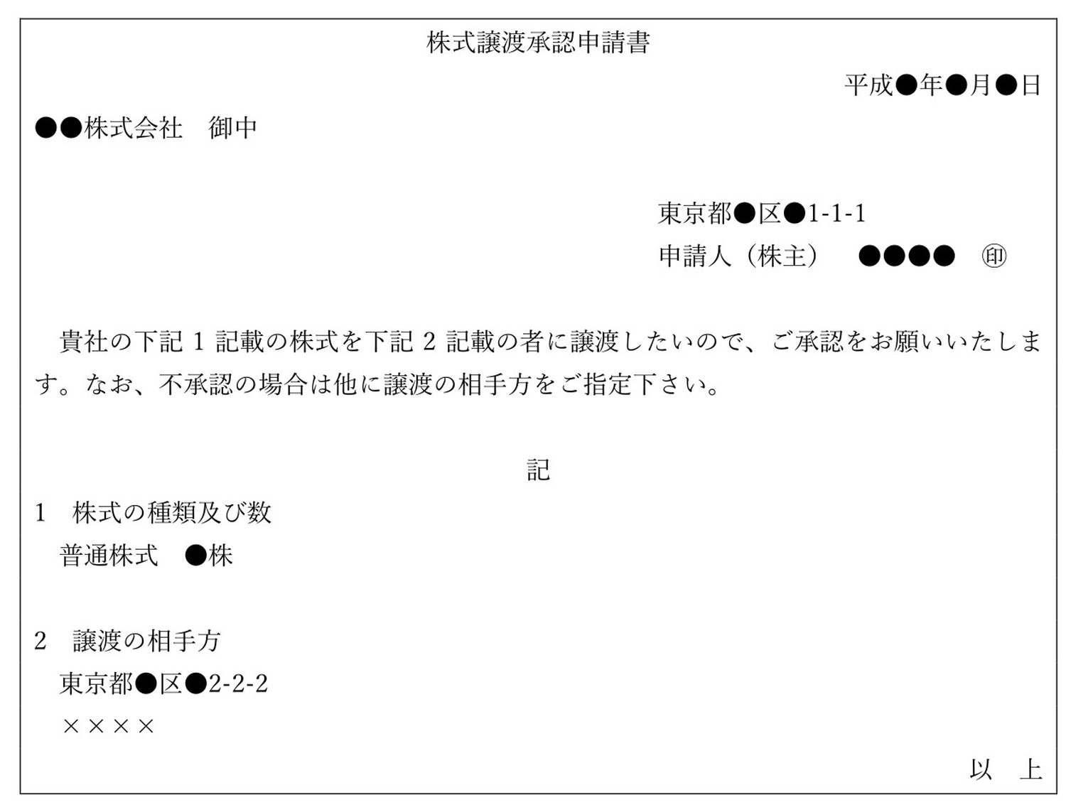 株式譲渡承認請求書の記入例
