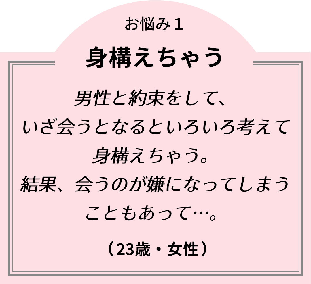 お悩み1身構えちゃう「男性と約束をして、いざ会うとなるといろいろ考えて身構えちゃう。結果、会うのが嫌になってしまうこともあって…。」(23歳・女性)