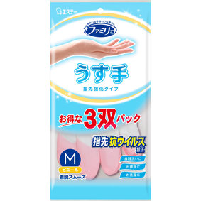 ファミリー ビニールうす手 指先抗ウイルス加工 M ピンク・グリーン 3双