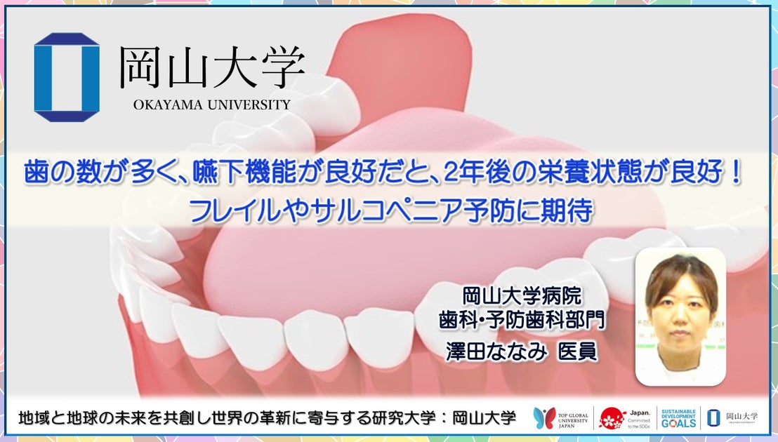 【岡山大学】歯の数が多く、嚥下機能が良好だと、2年後の栄養状態が良好!フレイルやサルコペニア予防に期待 | 国立大学法人岡山大学のプレスリリース