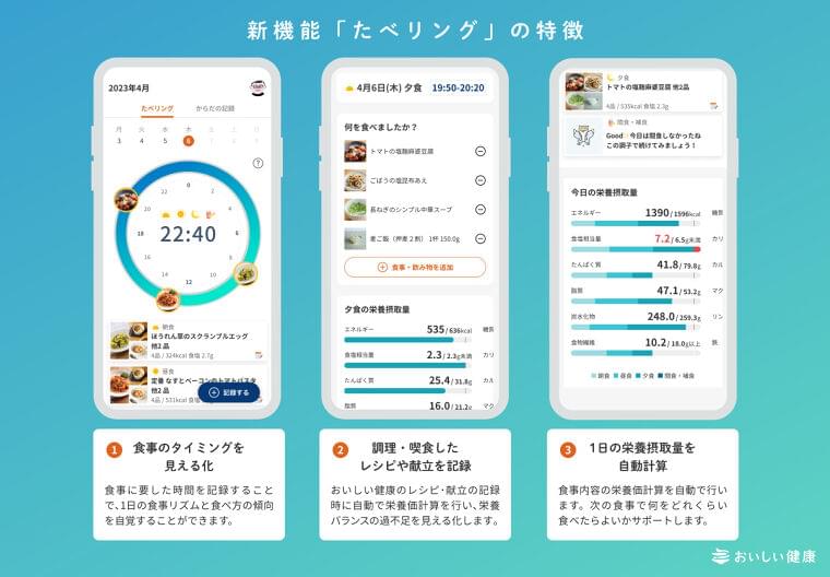 パーソナライズ献立提案・栄養管理アプリ『おいしい健康』サーカディアンリズムを意識した食事管理をサポートする新機能「たべリング」をリリース|おいしい健康のプレスリリース