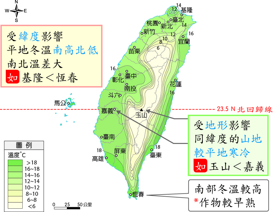 臺灣一月氣溫示意圖