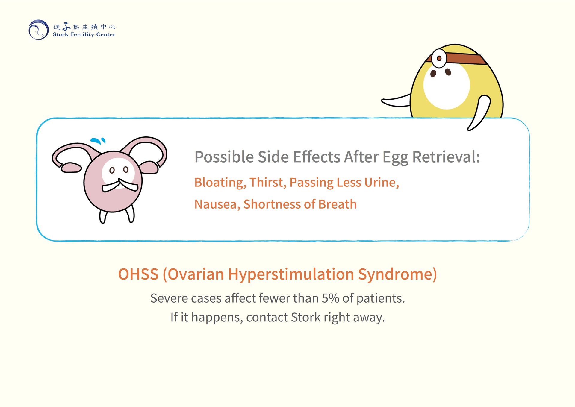 Possible side effects after egg retrieval: bloating, thirst, passing less urine, nausea and shortness of breath. Severe OHSS (ovarian hyperstimulation syndrome) affects fewer than 5% of patients; if it happens, contact Stork right away
