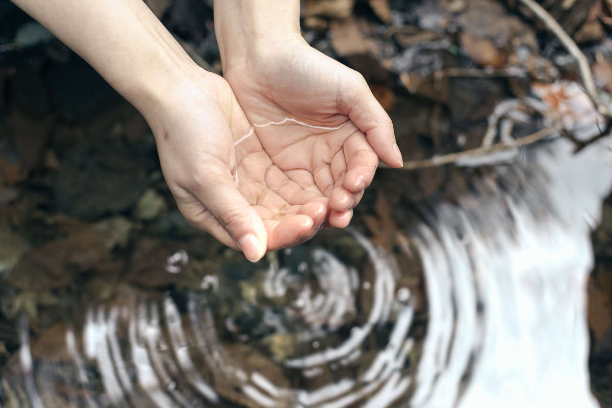 藁科川の源流近くにある「福養の滝」の水を手ですくっている女性の写真