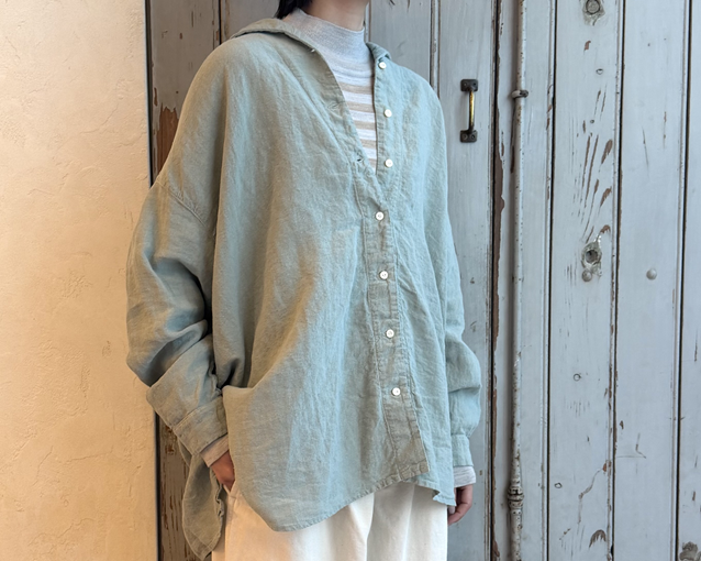 **リネン近江晒しオープンカラーシャツ**