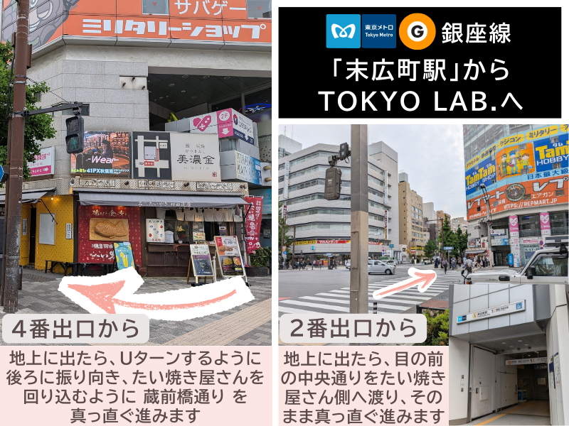 末広町駅4番出口・2番出口からの案内画像