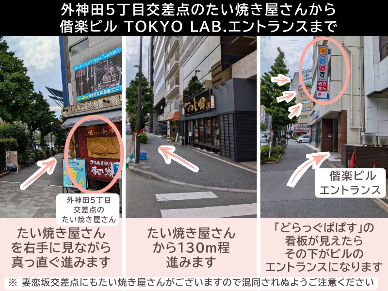 外神田5丁目交差点（たい焼き屋さん）からTOKYO LAB.エントランスまでの画像